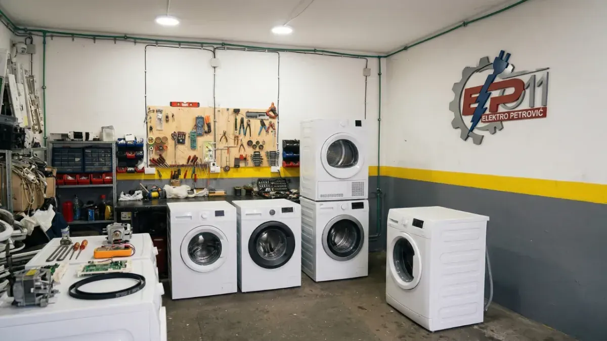 Radionica Elektro Petrović 011 u Voždovcu — kompletne popravke veš mašina i sušilica, sa 3D EP11 logom na zidu